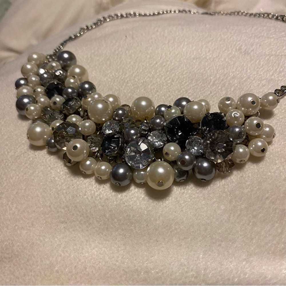 Grey, Pearly White, and Rhinestone Statement Necklace